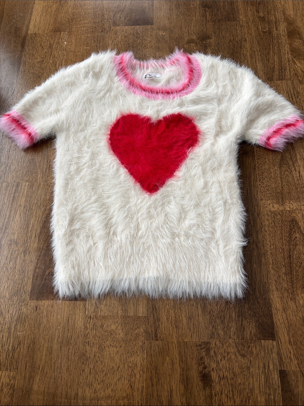 art class White Fuzzy Heart Sweater with Red Heart and Pink Trim